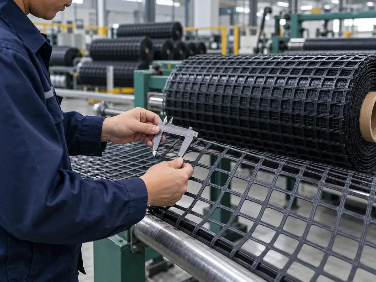 Quality-control inspection of geogrid material in a manufacturing facility